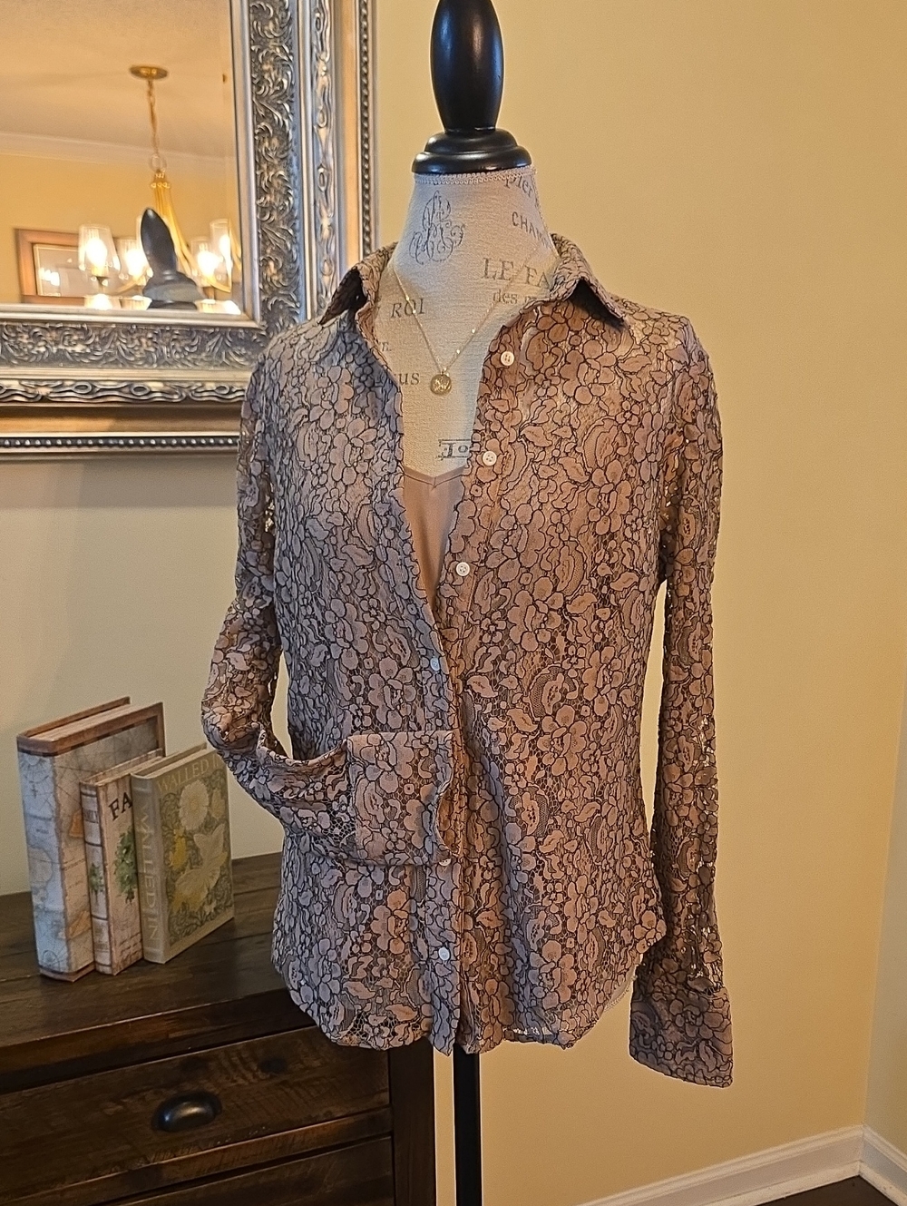 J. Crew Mocha Floral Lace Button-Down Shirt with Matching Camisole